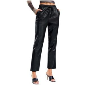 SATINY High Quality Black Faux Leather Pants Straight Leg High Waist Size L NWY